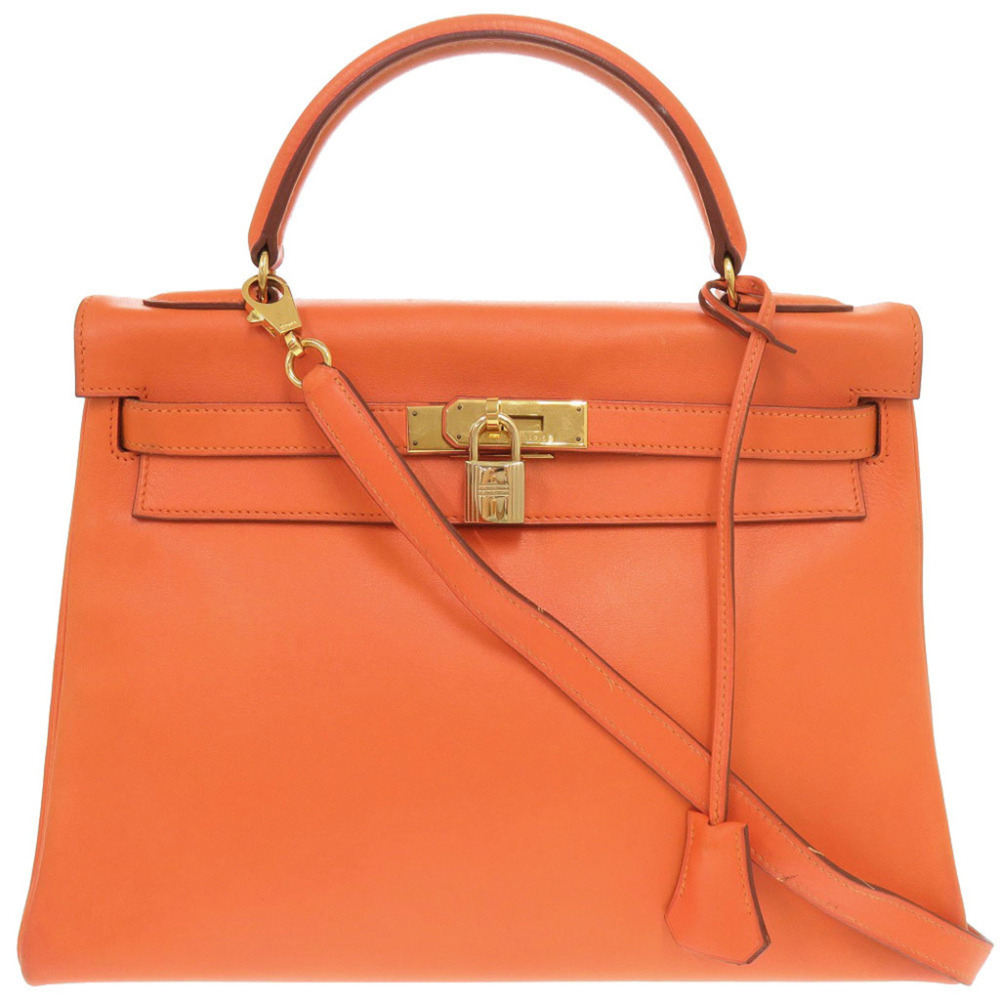 Hermes Kelly 32, inner stitching, Veau Gulliver leather, orange, gold hardwar...